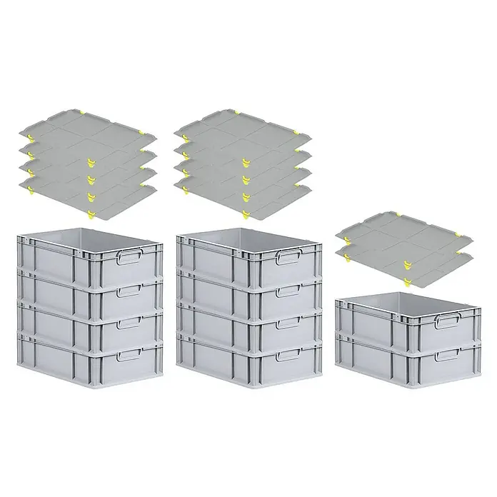 Proregal Euroboxen-Set 10x Eurobox NextGen Economy mit Auflagedeckel und 4x Verschlüsse Gelb - L x B x H: 60 x 40 x 17 cm, Kunststoff, Grau, 10 Stk. - Graue Kunststoffboxen und Trennwände, gestapelt und arrangiert für Lagerung und Organisation, isoliert auf Weiß.