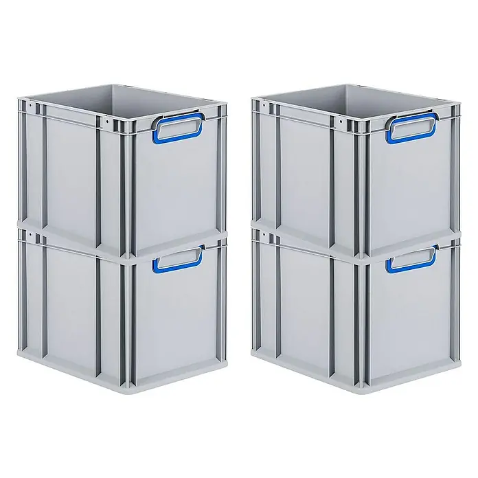 Proregal Euroboxen-Set 4x Eurobox NextGen Color - Kunststoff, Grau, Blau, 4 Stk. - Zwei Stapel grauer Kunststoffbehälter mit blauen Griffen, gestapelt für effiziente Lagerung und Organisation.