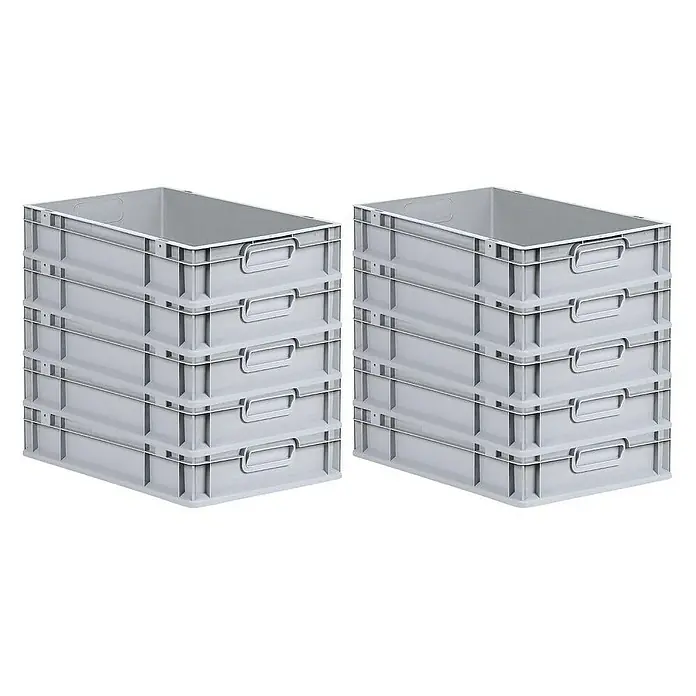Proregal Euroboxen-Set 10x Eurobox NextGen Economy mit Scharnierdeckel und roten Verschlüssen - L x B x H: 60 x 40 x 12 cm, Kunststoff, Grau, 10 Stk. - Zwei Stapel grauer Kunststoffbehälter sind im Bild zu sehen, jeder Stapel besteht aus fünf Boxen. Die Behälter sind leer und sauber.