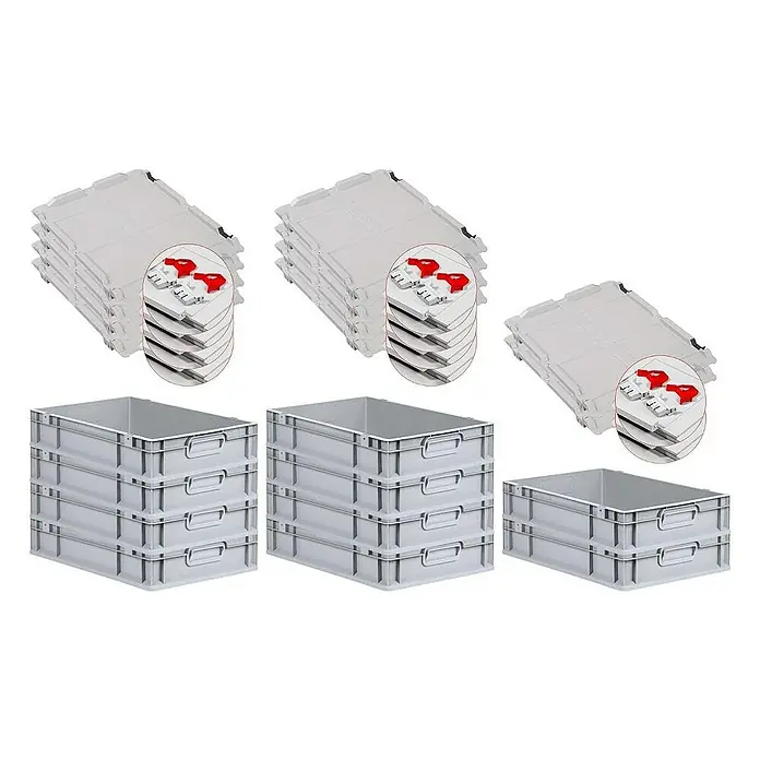 Proregal Euroboxen-Set 10x Eurobox NextGen Economy mit Scharnierdeckel und roten Verschlüssen - L x B x H: 60 x 40 x 12 cm, Kunststoff, Grau, 10 Stk. - Abgebildete sind stapelbare Eurobehälter in Grau und passende Deckel, ideal für Lagerung und Transport.