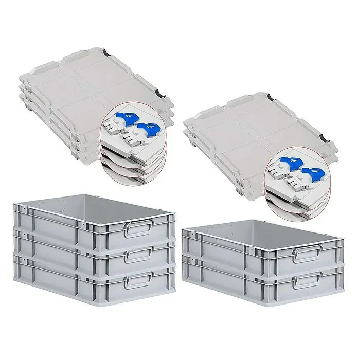 Proregal Euroboxen-Set 5x Eurobox NextGen Grip mit Scharnierdeckel und blauen Verschlüssen - L x B x H: 60 x 40 x 12 cm, Kunststoff, Grau, 5 Stk. - Stapelbare Kunststoffbehälter und Deckel, ideal für Lagerung und Transport. Robuste Ausführung für den professionellen Einsatz.