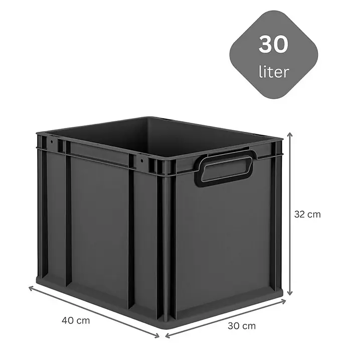 Proregal Euroboxen-Set 4x Eurobox NextGen Color - Kunststoff, Schwarz, Schwarz, 4 Stk. - Abbildung einer grauen 30-Liter-Eurobox mit den Maßen 40 x 30 x 32 cm, ideal für Lagerung und Transport.