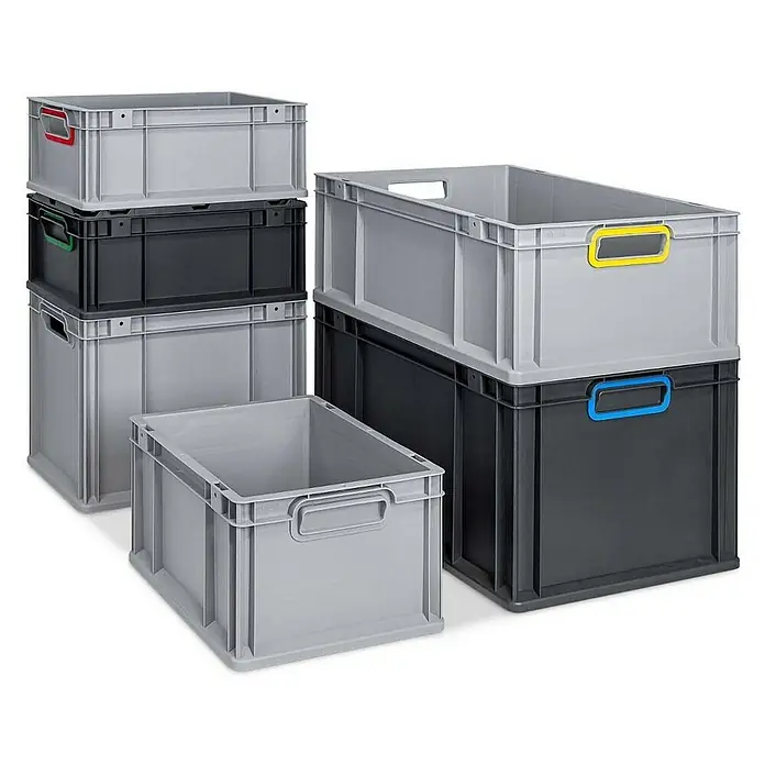 Proregal Euroboxen-Set 4x Eurobox NextGen Color - Kunststoff, Schwarz, Schwarz, 4 Stk. - Eine Auswahl an stapelbaren Kunststoffbehältern in Grau und Schwarz, ideal für Lagerung und Transport.