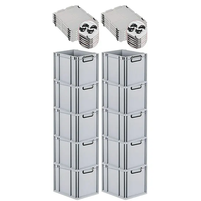 Proregal Euroboxen-Set 10x Eurobox NextGen Color mit Auflagedeckel und Schiebeschnappverschlüsse - Kunststoff, Grau, Schwarz, 10 Stk. - Abbildung von zwei Stapeln grauer Lagerboxen mit schwarzen Griffen und zwei Stapeln flach zusammengeklappter Boxen zur Aufbewahrung.