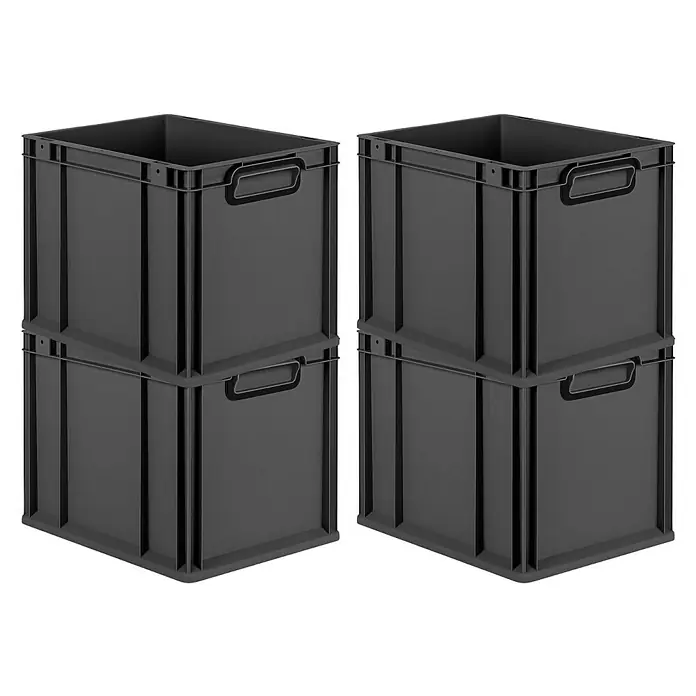 Proregal Euroboxen-Set 4x Eurobox NextGen Color - Kunststoff, Schwarz, Schwarz, 4 Stk. - Zwei Stapel grauer Kunststoffboxen, die eine robuste und effiziente Aufbewahrungslösung für verschiedene Gegenstände bieten.