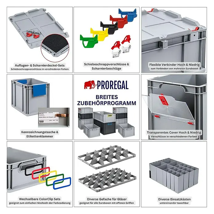 Proregal Euroboxen-Set 4x Eurobox NextGen Color - Kunststoff, Schwarz, Schwarz, 4 Stk. - Verschiedenes Zubehör für Euroboxen, inklusive Deckel, Scharniere, Farbcodes, Etiketten, Verbinder, Facheinsätze und Gläserteiler.