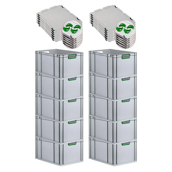 Proregal Euroboxen-Set 10x Eurobox NextGen Color mit Auflagedeckel und Schiebeschnappverschlüsse - L x B x H: 60 x 40 x 32 cm, Kunststoff, Grau, Grün, 10 Stk. - Stapelbare, graue Kunststoffbehälter und dazugehörige Deckel mit grünen Griffen, ideal für Lagerung und Transport.