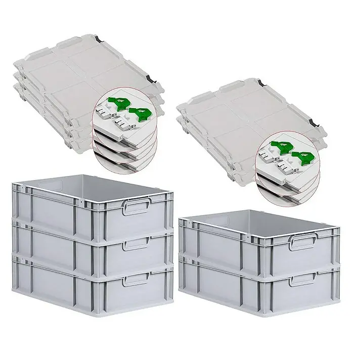 Proregal Euroboxen-Set 5x Eurobox NextGen Economy mit Scharnierdeckel und grünen Verschlüssen - L x B x H: 60 x 40 x 17 cm, Kunststoff, Grau, 5 Stk. - Abbildung von stapelbaren Euroboxen und dazugehörigen Deckeln, die eine praktische und vielseitige Lagerlösung bieten.
