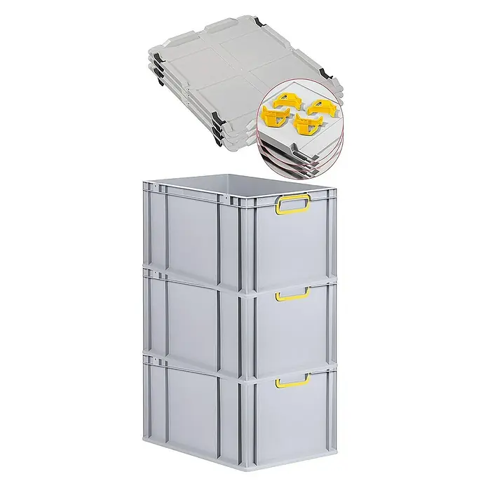 Proregal Euroboxen-Set 3x Eurobox NextGen Color mit Auflagedeckel und Schiebeschnappverschlüsse - L x B x H: 60 x 40 x 32 cm, Kunststoff, Grau, Gelb, 3 Stk. - Abgebildete sind graue Lagerboxen mit gelben Griffen, die gestapelt sind, und graue Deckel mit gelben Verschlüssen.