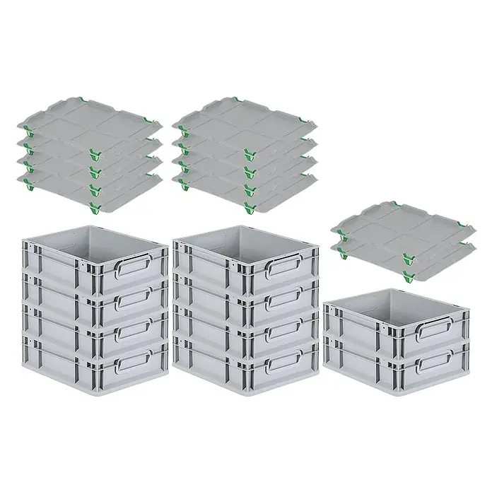 Proregal Euroboxen-Set 10x Eurobox NextGen Grip mit Auflagedeckel inkl. 4 grünen Verschlüssen - L x B x H: 40 x 30 x 12 cm, Kunststoff, Grau, 10 Stk. - Bild von mehreren grauen Kunststoffbehältern und Deckeln, die sich ideal für Lagerung und Organisation eignen.