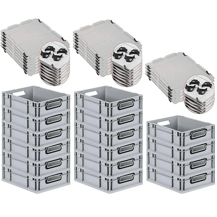 Proregal Euroboxen-Set 16x Eurobox NextGen Color mit Auflagedeckel und Schiebeschnappverschlüsse - L x B x H: 40 x 30 x 12 cm, Kunststoff, Grau, Schwarz, 16 Stk. - Stapelbare, graue Kunststoffboxen mit Deckeln. Die Boxen verfügen über Griffe und sind ideal für Lagerung und Transport.