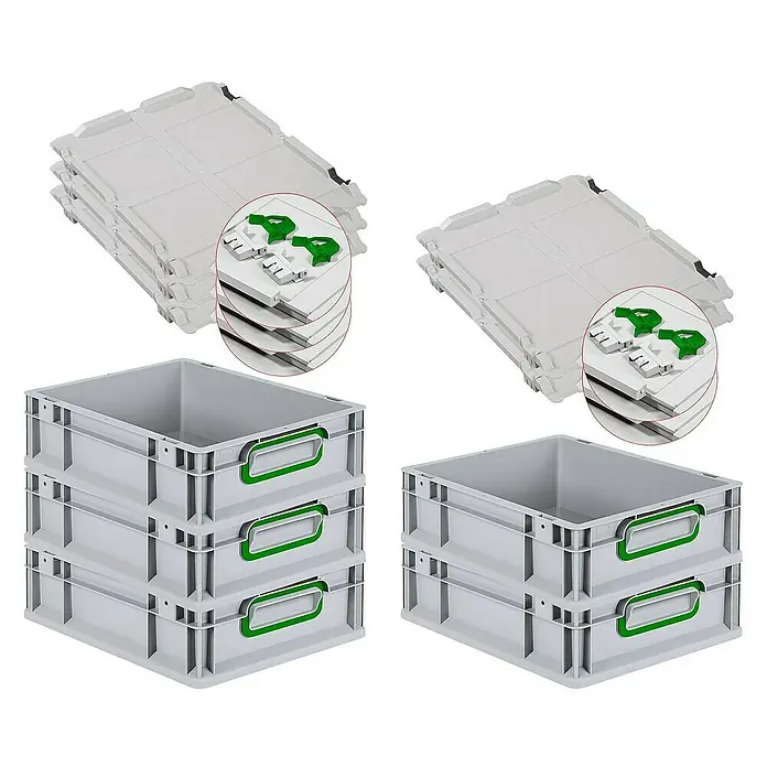 Proregal Euroboxen-Set 5x Eurobox NextGen Color mit Scharnierdeckel und Verschlüssen - L x B x H: 40 x 30 x 12 cm, Kunststoff, Grau, Grün, 5 Stk. - Bild zeigt graue Eurobehälter mit Deckeln. Die Boxen sind in zwei Stapeln angeordnet und mit grünen Griffen versehen, ideal für Lagerung.