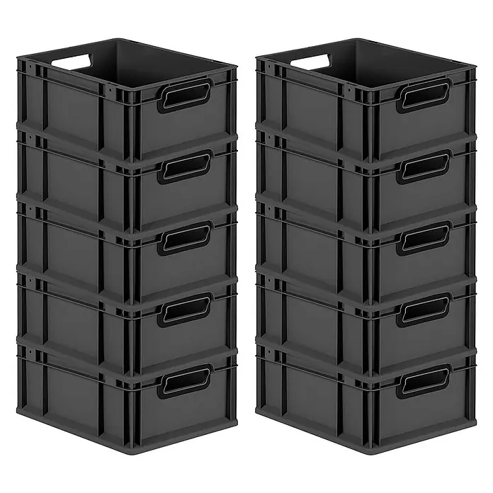 Proregal Euroboxen-Set 10x Eurobox NextGen Color - Kunststoff, Schwarz, Schwarz, 10 Stk. - Zwei Stapel grauer Kunststoffbehälter mit Griffen, die für Lagerung und Organisation perfekt sind.