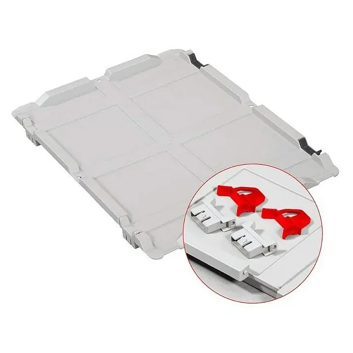 Proregal Euroboxen-Set 10x Eurobox NextGen Grip mit Scharnierdeckel und roten Verschlüssen - Kunststoff, Grau, 10 Stk. - Heller Kunststoff-Geschirrspülerkorb mit Details und roten Elementen in Nahaufnahme, ideal für die Küchenorganisation.