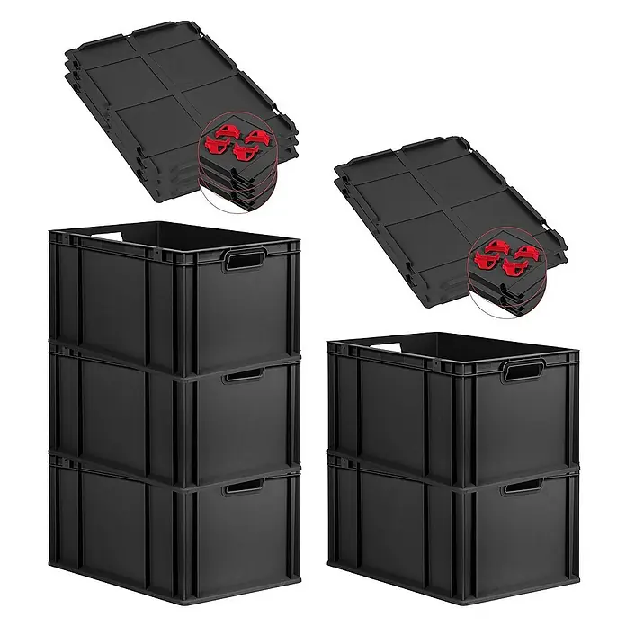 Proregal Euroboxen-Set 5x Eurobox NextGen Grip mit Auflagedeckel inkl. 4 roten Verschlüssen - L x B x H: 60 x 40 x 32 cm, Kunststoff, Schwarz, 5 Stk. - Schwarze Kunststoffboxen mit Deckeln und roten Verbindungsstücken. Ideal für Lagerung und Transport.