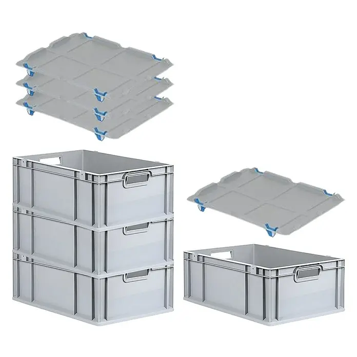 Proregal Euroboxen-Set 4x Eurobox NextGen Grip mit Auflagedeckel inkl. 4 blauen Verschlüssen - L x B x H: 60 x 40 x 22 cm, Kunststoff, Grau, 4 Stk. - Stapelbare graue Kunststoffboxen und passende Deckel, ideal für Lagerung und Transport. Robuste Ausführung für vielfältige Anwendungen.
