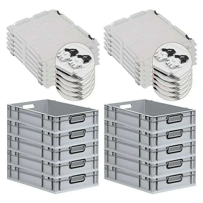 SuperSparSet 10x Eurobox NextGen Color mit Scharnierdeckel und Schiebeschnappverschlüssen | HxBxT 12x40x60cm | 23 Liter | Grau | Griffe schwarz offen | Glatter Boden | Eurobehälter, Transportbox, Transportbehälter, Stapelbehälter -  - Stapelbare Eurobehälter und Deckel aus Kunststoff. Ideal für Lagerung und Transport.
