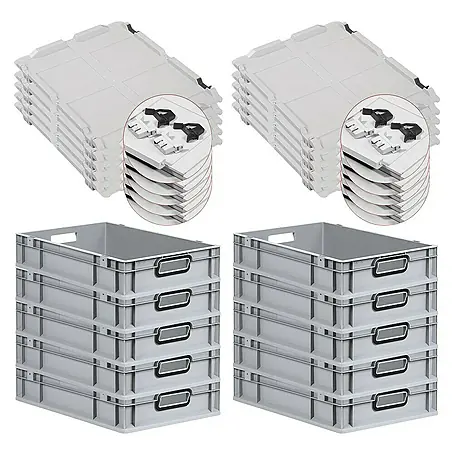 SuperSparSet 10x Eurobox NextGen Color mit Scharnierdeckel und Schiebeschnappverschlüssen | HxBxT 12x40x60cm | 23 Liter | Grau | Griffe schwarz offen | Glatter Boden | Eurobehälter, Transportbox, Transportbehälter, Stapelbehälter