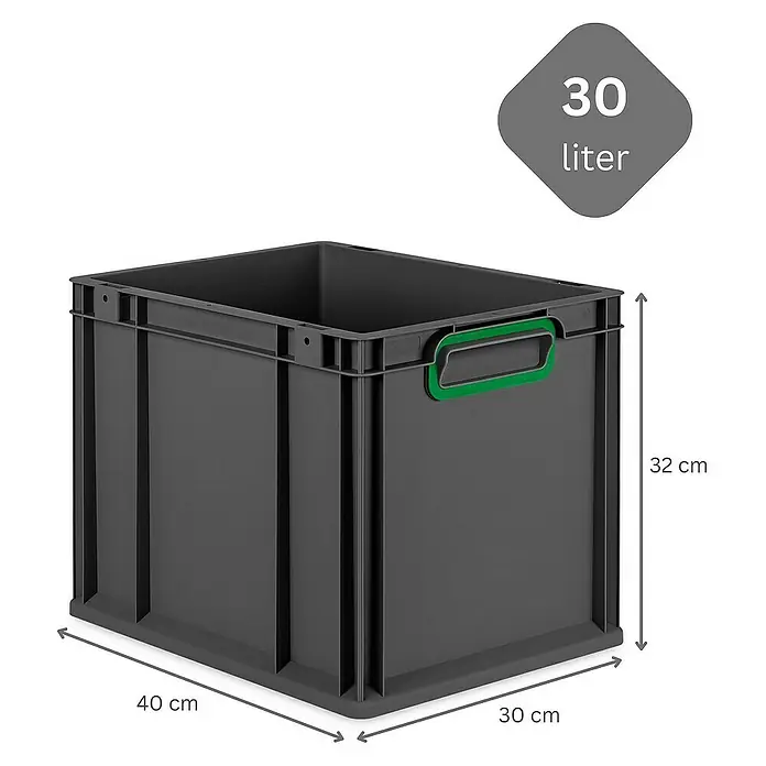 Proregal Euroboxen-Set 5x Eurobox NextGen Color mit Scharnierdeckel und Verschlüssen - Kunststoff, Schwarz, Grün, 5 Stk. - Abbildung einer grauen 30-Liter-Kunststoffbox mit grünen Griffen, ideal für Lagerung und Organisation.