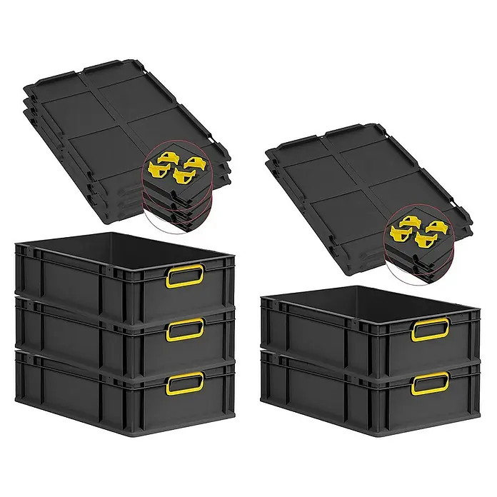Proregal Euroboxen-Set 5x Eurobox NextGen Color mit Auflagedeckel und Schiebeschnappverschlüsse - L x B x H: 60 x 40 x 17 cm, Kunststoff, Schwarz, Gelb, 5 Stk. - Schwarze Kunststoffboxen mit gelben Griffen und dazu passende Deckel. Ideal zur Aufbewahrung und Organisation.