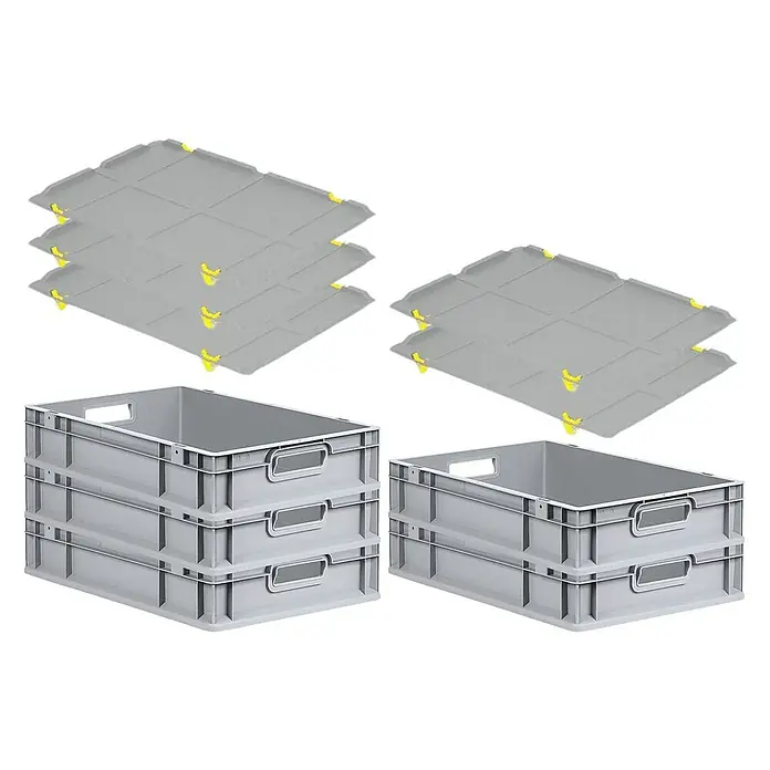 Proregal Euroboxen-Set 5x Eurobox NextGen Grip mit Auflagedeckel inkl. 4 gelben Verschlüssen - L x B x H: 60 x 40 x 12 cm, Kunststoff, Grau, 5 Stk. - Graue Kunststoffbehälter und Deckel, ideal für Lagerung und Transport. Praktische und robuste Lösung.