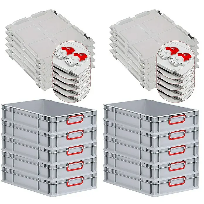 Proregal Euroboxen-Set 10x Eurobox NextGen Color mit Scharnierdeckel und Verschlüssen - L x B x H: 60 x 40 x 12 cm, Kunststoff, Grau, Rot, 10 Stk. - Stapelbare Eurobehälter und Deckel: Die ideale Lösung für Lagerung und Transport. Robuste Bauweise für vielfältige Anwendungen.