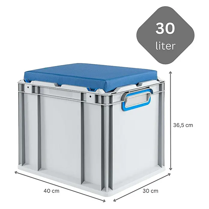 Proregal Euroboxen-Set 4x Eurobox NextGen Seat Box Blau - L x B x H: 40 x 30 x 36,5 cm, Kunststoff, Grau, Blau, 4 Stk. - Abgebildete graue 30-Liter-Kunststoffbox mit blauem Kissen und Größenangaben.