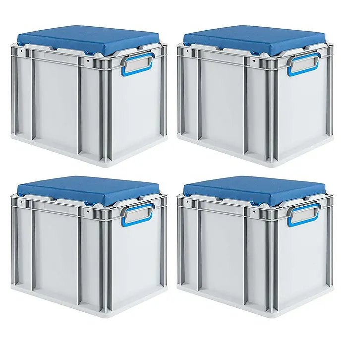 Proregal Euroboxen-Set 4x Eurobox NextGen Seat Box Blau - L x B x H: 40 x 30 x 36,5 cm, Kunststoff, Grau, Blau, 4 Stk. - Vier blaue Sitzkissen auf grauen Euroboxen mit Griffen als praktische Aufbewahrungslösung.