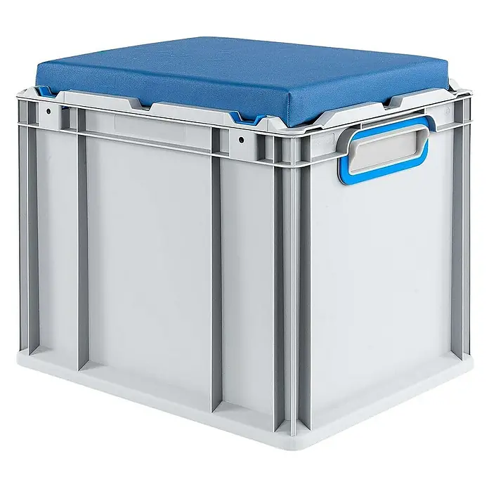 Proregal Euroboxen-Set 4x Eurobox NextGen Seat Box Blau - L x B x H: 40 x 30 x 36,5 cm, Kunststoff, Grau, Blau, 4 Stk. - Graue Kunststoffbox mit blauem Kissenauflage, ideal für Lagerung und bequemes Sitzen. Die Box ist robust und vielseitig einsetzbar.