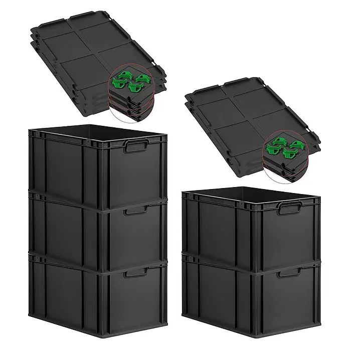 Proregal Euroboxen-Set 5x Eurobox NextGen Grip mit Auflagedeckel inkl. 4 grünen Verschlüssen - L x B x H: 60 x 40 x 32 cm, Kunststoff, Schwarz, 5 Stk. - Bild von schwarzen Lagerboxen mit Deckeln und grünen Clipverschlüssen, die eine praktische Aufbewahrungslösung darstellen.