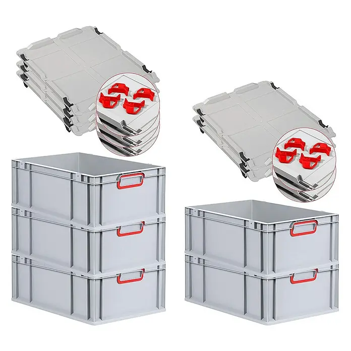 Proregal Euroboxen-Set 5x Eurobox NextGen Color mit Auflagedeckel und Schiebeschnappverschlüsse - L x B x H: 60 x 40 x 22 cm, Kunststoff, Grau, Rot, 5 Stk. - Bild von Kunststoffboxen und dazugehörigen Deckeln. Die robusten Boxen eignen sich ideal für Lagerung und Transport.