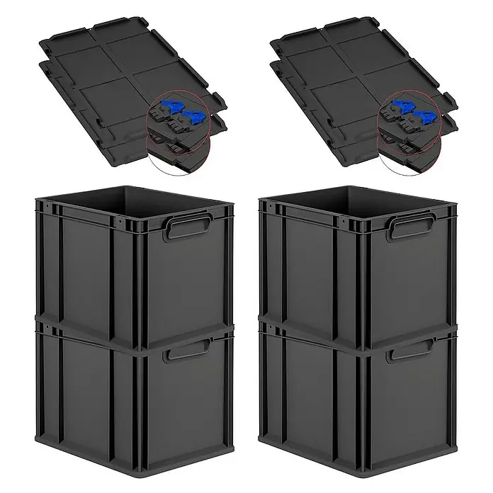Proregal Euroboxen-Set 4x Eurobox NextGen Grip mit Scharnierdeckel und blauen Verschlüssen - Kunststoff, Schwarz, 4 Stk. - Bild von zwei schwarzen Stapelboxen mit Deckeln, ideal für Lagerung und Transport.
