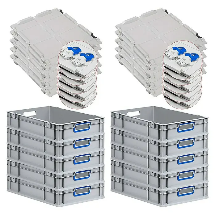 Proregal Euroboxen-Set 10x Eurobox NextGen Color mit Scharnierdeckel und Verschlüssen - L x B x H: 60 x 40 x 12 cm, Kunststoff, Grau, Blau, 10 Stk. - Stapelbare Kunststoffbehälter mit Deckeln und Griffen in einem Lagerraum.