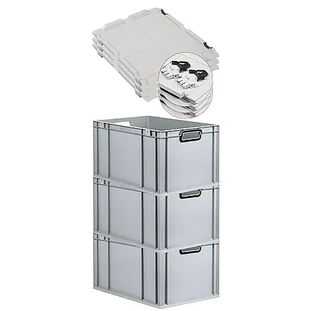 SuperSparSet 3x Eurobox NextGen Color mit Scharnierdeckel und Schiebeschnappverschlüssen | HxBxT 32x40x60cm | 65 Liter | Grau | Griffe schwarz offen | Verstärkter Boden | Eurobehälter, Transportbox, Transportbehälter, Stapelbehälter