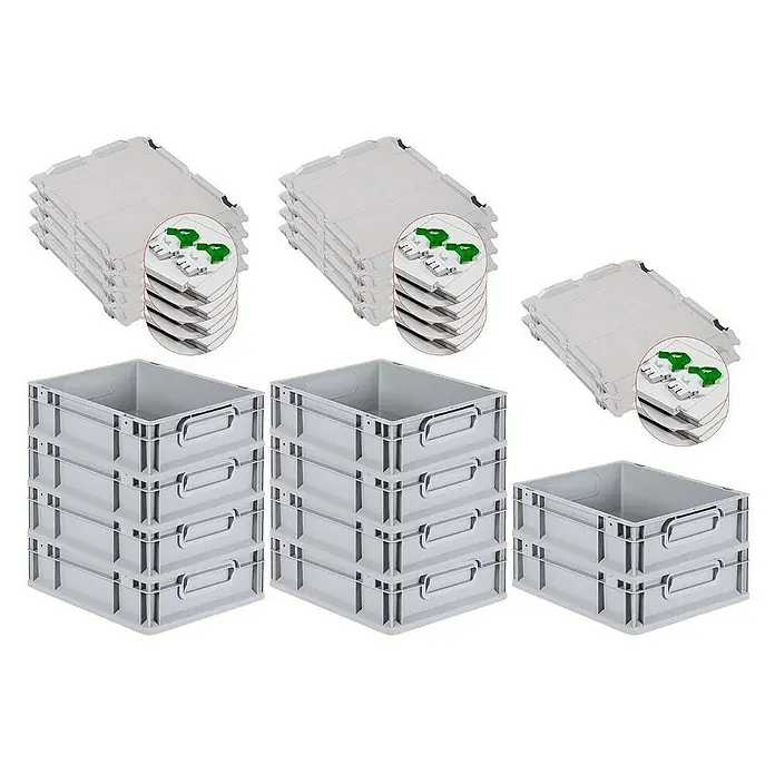 Proregal Euroboxen-Set 10x Eurobox NextGen Grip mit Scharnierdeckel und grünen Verschlüssen - L x B x H: 40 x 30 x 12 cm, Kunststoff, Grau, 10 Stk. - Stapelbare graue Eurobehälter mit Deckeln, ideal für Lagerung und Transport. Praktische Lagerlösung für vielfältige Anwendungen mit robusten Tragegriffen.