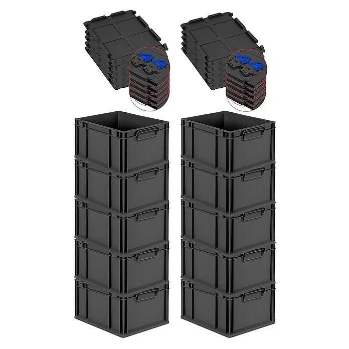 Proregal Euroboxen-Set 10x Eurobox NextGen Grip mit Scharnierdeckel und blauen Verschlüssen - L x B x H: 40 x 30 x 22 cm, Kunststoff, Schwarz, 10 Stk. - Stapelbare Eurobehälter und Deckel: Ein Satz von grauen Aufbewahrungsbehältern mit Griffen und dazugehörigen Deckeln, ideal für Lagerung.