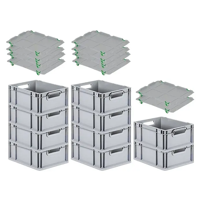 Proregal Euroboxen-Set 10x Eurobox NextGen Economy mit Auflagedeckel und 4x Verschlüsse Grün - L x B x H: 40 x 30 x 17 cm, Kunststoff, Grau, 10 Stk. - Auf dem Bild sind graue Eurobehälter mit Deckel zu sehen. Die Euroboxen sind stapelbar und bieten viel Stauraum. Perfekt für Lager und Transport.