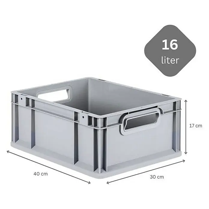 Proregal Euroboxen-Set 10x Eurobox NextGen Grip mit Scharnierdeckel und blauen Verschlüssen - L x B x H: 40 x 30 x 17 cm, Kunststoff, Grau, 10 Stk. - Graue Kunststoffbox mit den Maßen 40 x 30 x 17 cm und einem Fassungsvermögen von 16 Litern.
