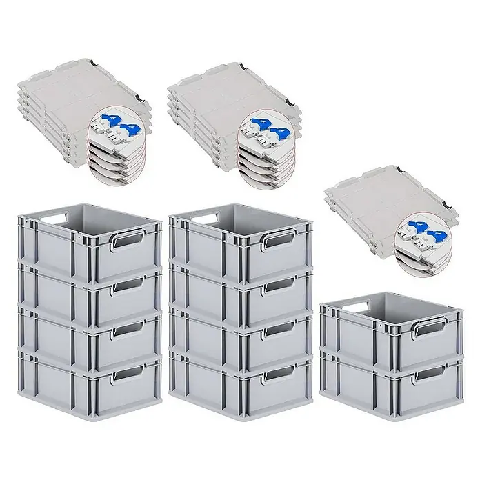 Proregal Euroboxen-Set 10x Eurobox NextGen Grip mit Scharnierdeckel und blauen Verschlüssen - L x B x H: 40 x 30 x 17 cm, Kunststoff, Grau, 10 Stk. - Bild von drei Stapeln grauer Aufbewahrungsboxen mit Deckeln, ideal für Lagerung und Organisation.