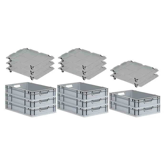 Proregal Euroboxen-Set 8x Eurobox NextGen Economy mit Auflagedeckel und 4x Verschlüsse Schwarz - Kunststoff, Grau, 8 Stk. - Drei Stapelboxen und drei Rollbretter aus grauem Kunststoff sind in diesem Produktbild dargestellt, ideal für Lager und Transport.