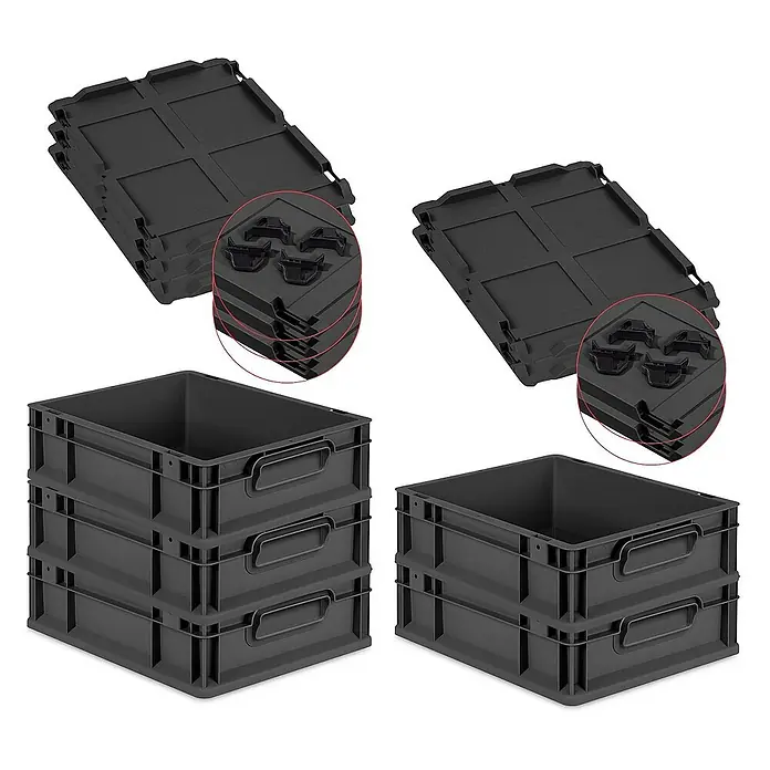 Proregal Euroboxen-Set 5x Eurobox NextGen Grip mit Auflagedeckel inkl. 4 schwarzen Verschlüssen - Kunststoff, Schwarz, 5 Stk. - Schwarze Stapelboxen und Deckel. Die robusten Behälter bieten praktische Lagerung. Deckel mit Schnappverschluss für sicheren Halt.