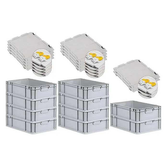 Proregal Euroboxen-Set 10x Eurobox NextGen Economy mit Scharnierdeckel und gelben Verschlüssen - L x B x H: 60 x 40 x 17 cm, Kunststoff, Grau, 10 Stk. - Graue Lagerboxen und Deckel: Stapelbare Kunststoffbehälter zur Aufbewahrung, ideal für Lagerung und Organisation im Betrieb.
