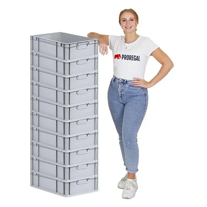 Proregal Euroboxen-Set 10x Eurobox NextGen Economy mit Scharnierdeckel und gelben Verschlüssen - L x B x H: 60 x 40 x 17 cm, Kunststoff, Grau, 10 Stk. - Bild eines Stapels grauer Lagerbehälter, die sich ideal zur Organisation und Aufbewahrung eignen.