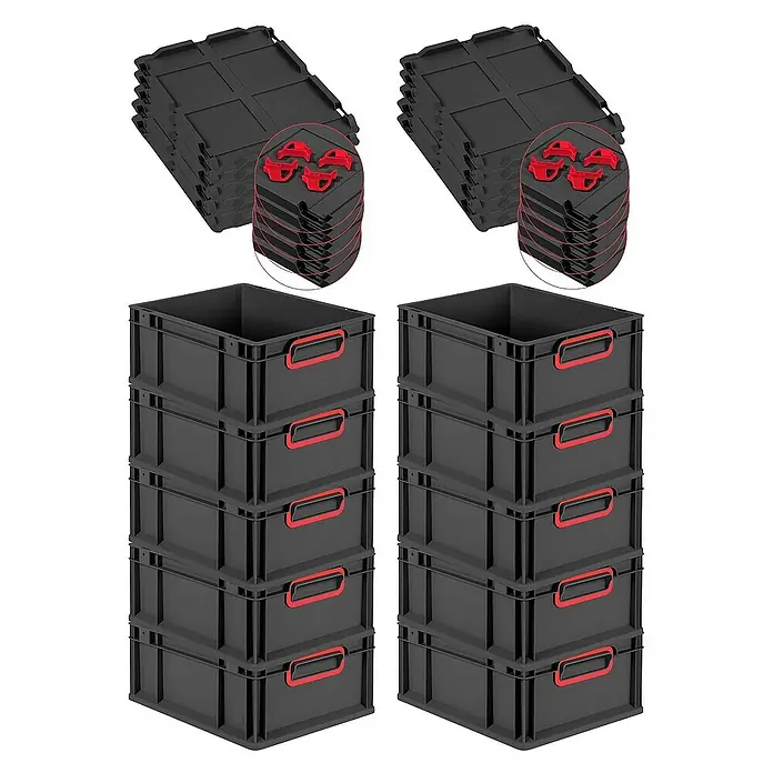 Proregal Euroboxen-Set 10x Eurobox NextGen Color mit Auflagedeckel und Schiebeschnappverschlüsse - L x B x H: 40 x 30 x 17 cm, Kunststoff, Schwarz, Rot, 10 Stk. - Schwarze Aufbewahrungsboxen mit roten Griffen und passenden Deckeln. Praktisches Set für Ordnung und Organisation.