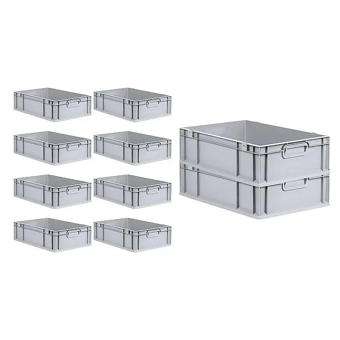 Proregal Euroboxen-Set 10x Eurobox NextGen Economy mit Scharnierdeckel und gelben Verschlüssen - L x B x H: 60 x 40 x 17 cm, Kunststoff, Grau, 10 Stk. - Abbildung von mehreren grauen Euroboxen, die eine vielseitige Lösung für Lagerung & Transport bieten. Zwei Boxen sind gestapelt, die anderen sind einzeln.
