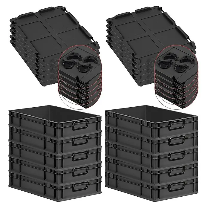 SparSet 10x Eurobox NextGen Color mit Auflagedeckel und Schiebeschnappverschlüsse | HxBxT 12x40x60cm | 23 Liter | Schwarz | Griffe schwarz geschlossen | Glatter Boden | Eurobehälter, Transportbox, Transportbehälter, Stapelbehälter -  - Stapelbare schwarze Kunststoffbehälter und passende Deckel, ideal für Lagerung und Transport.