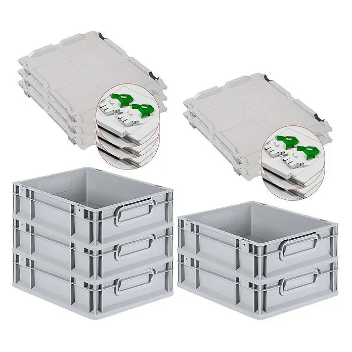 Proregal Euroboxen-Set 5x Eurobox NextGen Grip mit Scharnierdeckel und grünen Verschlüssen - L x B x H: 40 x 30 x 12 cm, Kunststoff, Grau, 5 Stk. - Bild von stapelbaren, grauen Eurobehältern aus Kunststoff mit Deckeln, ideal für Lagerung und Transport.