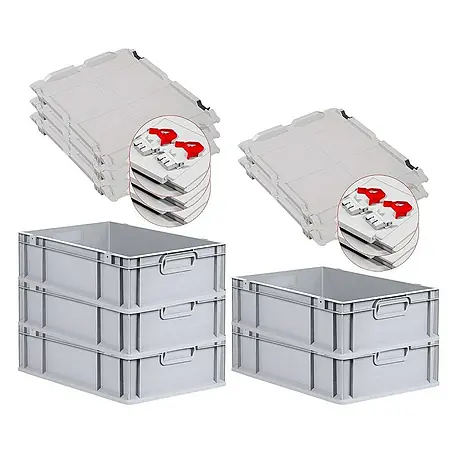 SuperSparSet 5x Eurobox NextGen Grip mit Scharnierdeckel und roten Schiebeschnappverschlüssen | HxBxT 17x40x60cm | 34 Liter | Grau | Griffe geschlossen | Glatter Boden | Eurobehälter, Transportbox, Transportbehälter, Stapelbehälter