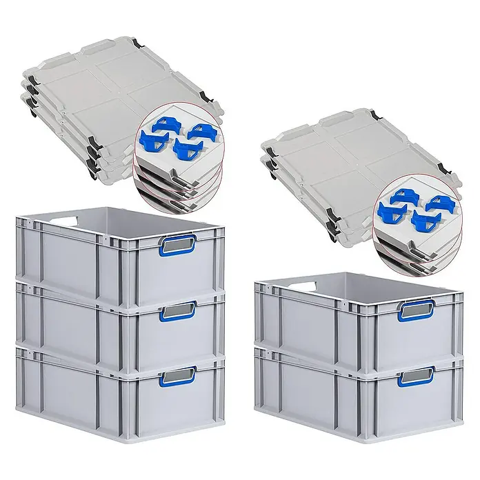 Proregal Euroboxen-Set 5x Eurobox NextGen Color mit Auflagedeckel und Schiebeschnappverschlüsse - L x B x H: 60 x 40 x 22 cm, Kunststoff, Grau, Blau, 5 Stk. - Stapelbare graue Lagerboxen mit blauen Griffen und passenden Deckeln für die Lagerung.