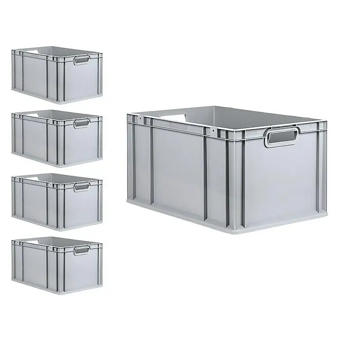 Proregal Euroboxen-Set 5x Eurobox NextGen Economy mit Scharnierdeckel und blauen Verschlüssen - L x B x H: 60 x 40 x 32 cm, Kunststoff, Grau, 5 Stk. - Abbildung von fünf grauen Kunststoffbehältern mit Griffen für Lagerung und Organisation.